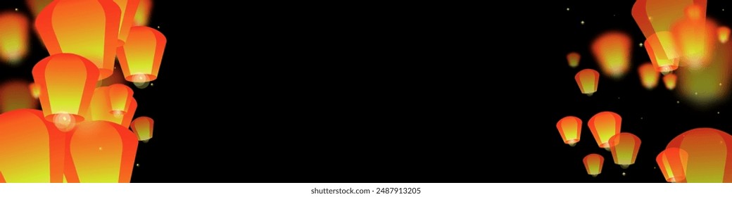 Yi peng festival card. Thailand holiday with paper lantern lights flying in the night sky. Traditional Yi Peng celebration. Vector illustration on black background.