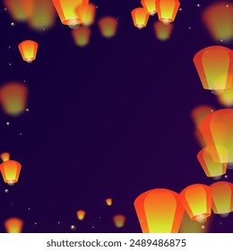 Yi peng festival card. Thailand holiday with paper lantern lights flying in the night sky. Traditional Yi Peng celebration. Vector illustration on purple gradient background.