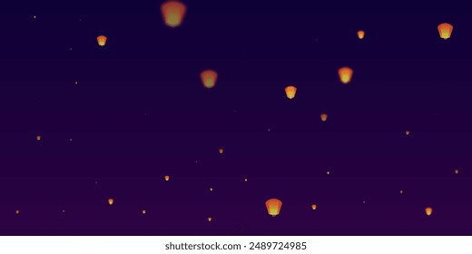 Yi peng festival card. Thailand holiday with paper lantern lights flying in the night sky. Traditional Yi Peng celebration. Vector illustration on purple gradient background.