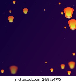 Yi peng festival card. Thailand holiday with paper lantern lights flying in the night sky. Traditional Yi Peng celebration. Vector illustration on purple gradient background.