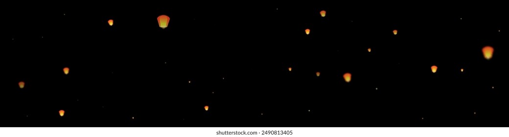 Yi peng festival card. Thailand holiday with paper lantern lights flying in the night sky. Traditional Yi Peng celebration. Vector illustration on black background.