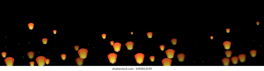 Yi peng festival card. Thailand holiday with paper lantern lights flying in the night sky. Traditional Yi Peng celebration. Vector illustration on black background.