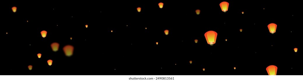 Yi peng festival card. Thailand holiday with paper lantern lights flying in the night sky. Traditional Yi Peng celebration. Vector illustration on black background.