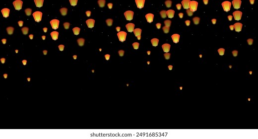 Yi peng festival card. Thailand holiday with paper lantern lights flying in the night sky. Traditional Yi Peng celebration. Vector illustration on black background.