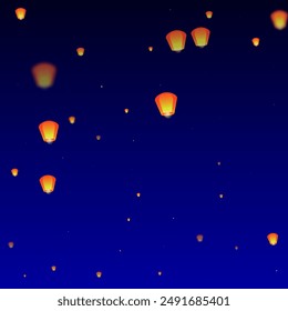 Yi peng festival card. Thailand holiday with paper lantern lights flying in the night sky. Traditional Yi Peng celebration. Vector illustration on dark blue background.