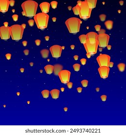 Yi peng festival card. Thailand holiday with paper lantern lights flying in the night sky. Traditional Yi Peng celebration. Vector illustration on dark blue background.