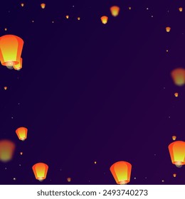 Yi peng festival card. Thailand holiday with paper lantern lights flying in the night sky. Traditional Yi Peng celebration. Vector illustration on purple gradient background.