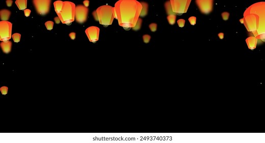 Yi peng festival card. Thailand holiday with paper lantern lights flying in the night sky. Traditional Yi Peng celebration. Vector illustration on black background.