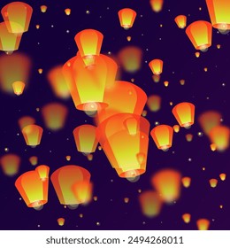 Yi peng festival card. Thailand holiday with paper lantern lights flying in the night sky. Traditional Yi Peng celebration. Vector illustration on purple gradient background.