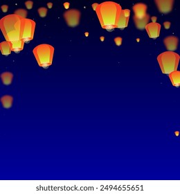 Yi peng festival card. Thailand holiday with paper lantern lights flying in the night sky. Traditional Yi Peng celebration. Vector illustration on dark blue background.