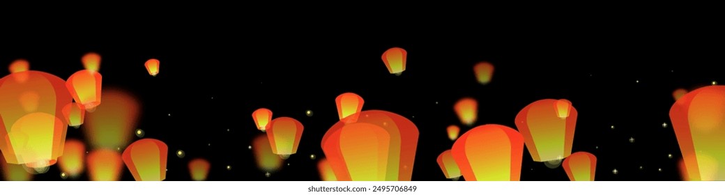 Yi peng festival card. Thailand holiday with paper lantern lights flying in the night sky. Traditional Yi Peng celebration. Vector illustration on black background.