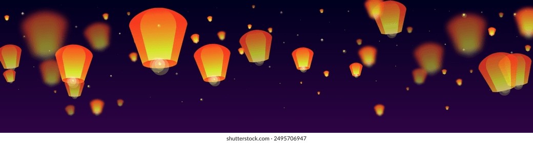 Yi peng festival card. Thailand holiday with paper lantern lights flying in the night sky. Traditional Yi Peng celebration. Vector illustration on purple gradient background.