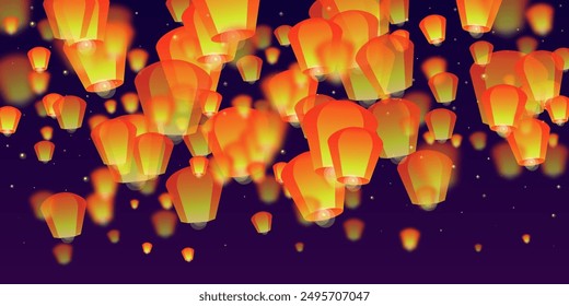 Yi peng festival card. Thailand holiday with paper lantern lights flying in the night sky. Traditional Yi Peng celebration. Vector illustration on purple gradient background.