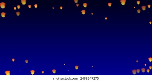 Yi peng festival card. Thailand holiday with paper lantern lights flying in the night sky. Traditional Yi Peng celebration. Vector illustration on dark blue background.