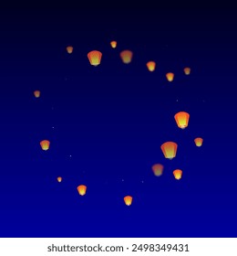 Yi peng festival card. Thailand holiday with paper lantern lights flying in the night sky. Traditional Yi Peng celebration. Vector illustration on dark blue background.