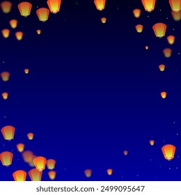 Yi peng festival card. Thailand holiday with paper lantern lights flying in the night sky. Traditional Yi Peng celebration. Vector illustration on dark blue background.