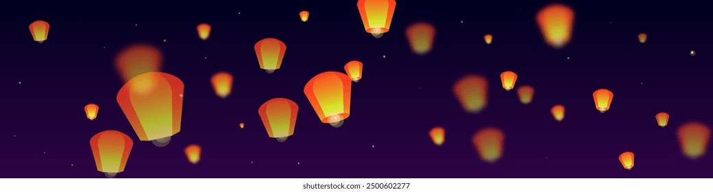 Yi peng festival card. Thailand holiday with paper lantern lights flying in the night sky. Traditional Yi Peng celebration. Vector illustration on purple gradient background.