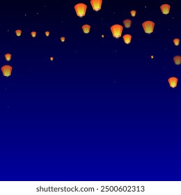 Yi peng festival card. Thailand holiday with paper lantern lights flying in the night sky. Traditional Yi Peng celebration. Vector illustration on dark blue background.