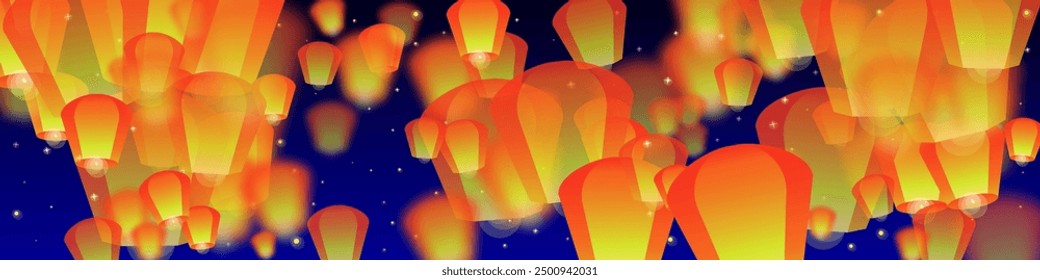 Yi peng festival card. Thailand holiday with paper lantern lights flying in the night sky. Traditional Yi Peng celebration. Vector illustration on dark blue background.