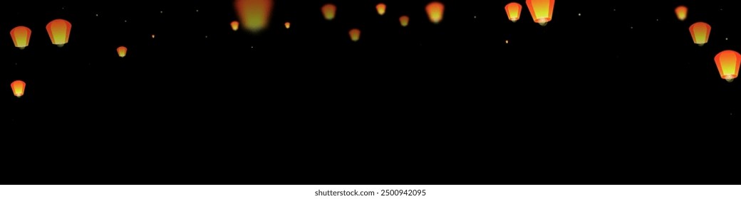 Yi peng festival card. Thailand holiday with paper lantern lights flying in the night sky. Traditional Yi Peng celebration. Vector illustration on black background.