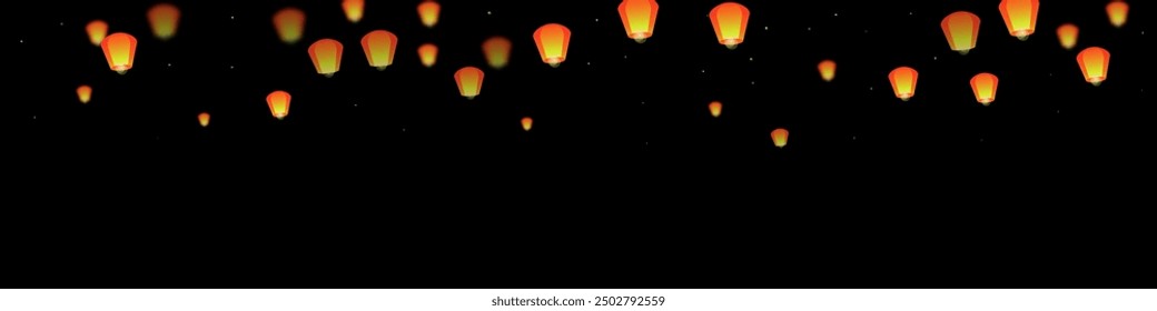 Yi peng festival card. Thailand holiday with paper lantern lights flying in the night sky. Traditional Yi Peng celebration. Vector illustration on black background.