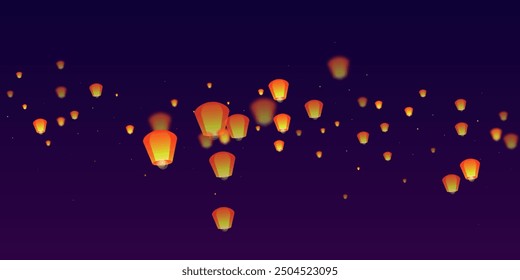 Yi peng festival card. Thailand holiday with paper lantern lights flying in the night sky. Traditional Yi Peng celebration. Vector illustration on purple gradient background.