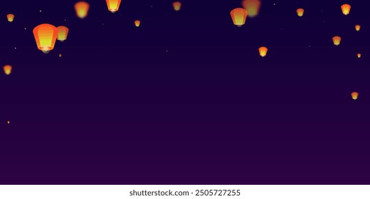 Yi peng festival card. Thailand holiday with paper lantern lights flying in the night sky. Traditional Yi Peng celebration. Vector illustration on purple gradient background.