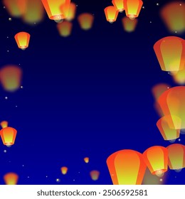 Yi peng festival card. Thailand holiday with paper lantern lights flying in the night sky. Traditional Yi Peng celebration. Vector illustration on dark blue background.