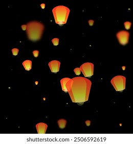 Yi peng festival card. Thailand holiday with paper lantern lights flying in the night sky. Traditional Yi Peng celebration. Vector illustration on black background.