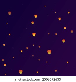 Yi peng festival card. Thailand holiday with paper lantern lights flying in the night sky. Traditional Yi Peng celebration. Vector illustration on purple gradient background.