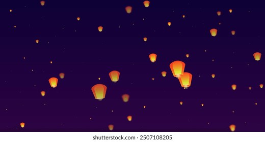 Yi peng festival card. Thailand holiday with paper lantern lights flying in the night sky. Traditional Yi Peng celebration. Vector illustration on purple gradient background.