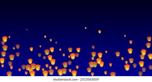 Yi peng festival card. Thailand holiday with paper lantern lights flying in the night sky. Traditional Yi Peng celebration. Vector illustration on dark blue background.