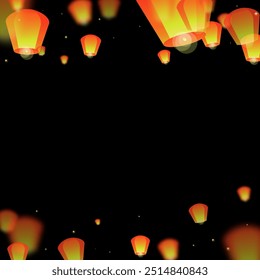 Yi peng festival card. Thailand holiday with paper lantern lights flying in the night sky. Traditional Yi Peng celebration. Vector illustration on black background.