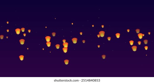 Yi peng festival card. Thailand holiday with paper lantern lights flying in the night sky. Traditional Yi Peng celebration. Vector illustration on purple gradient background.