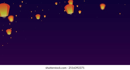 Yi peng festival card. Thailand holiday with paper lantern lights flying in the night sky. Traditional Yi Peng celebration. Vector illustration on purple gradient background.