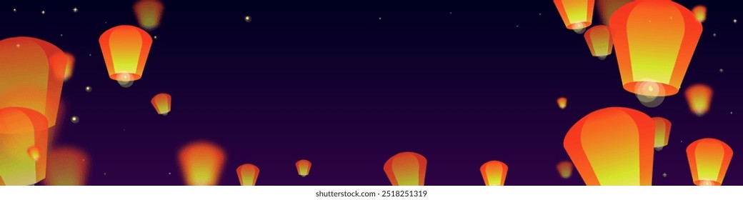 Yi peng festival card. Thailand holiday with paper lantern lights flying in the night sky. Traditional Yi Peng celebration. Vector illustration on purple gradient background.