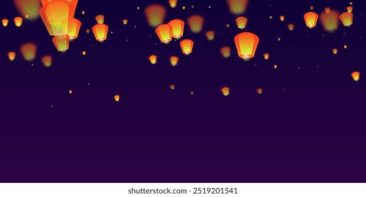 Yi peng festival card. Thailand holiday with paper lantern lights flying in the night sky. Traditional Yi Peng celebration. Vector illustration on purple gradient background.