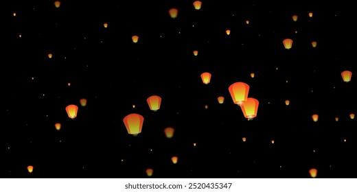 Yi peng festival card. Thailand holiday with paper lantern lights flying in the night sky. Traditional Yi Peng celebration. Vector illustration on black background.