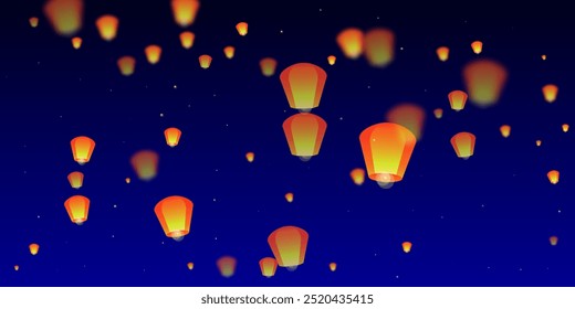 Yi peng festival card. Thailand holiday with paper lantern lights flying in the night sky. Traditional Yi Peng celebration. Vector illustration on dark blue background.