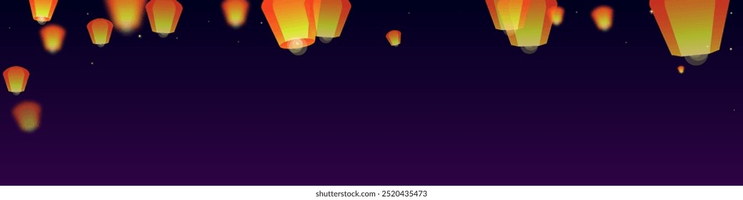 Yi peng festival card. Thailand holiday with paper lantern lights flying in the night sky. Traditional Yi Peng celebration. Vector illustration on purple gradient background.