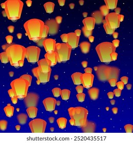 Yi peng festival card. Thailand holiday with paper lantern lights flying in the night sky. Traditional Yi Peng celebration. Vector illustration on dark blue background.