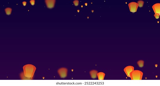 Yi peng festival card. Thailand holiday with paper lantern lights flying in the night sky. Traditional Yi Peng celebration. Vector illustration on purple gradient background.