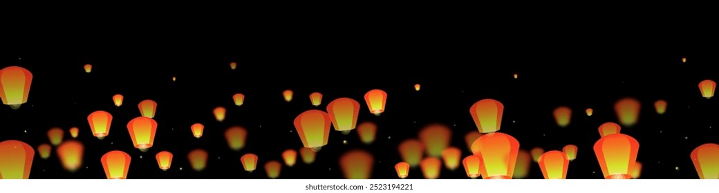 Yi peng festival card. Thailand holiday with paper lantern lights flying in the night sky. Traditional Yi Peng celebration. Vector illustration on black background.