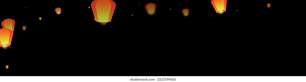 Yi peng festival card. Thailand holiday with paper lantern lights flying in the night sky. Traditional Yi Peng celebration. Vector illustration on black background.