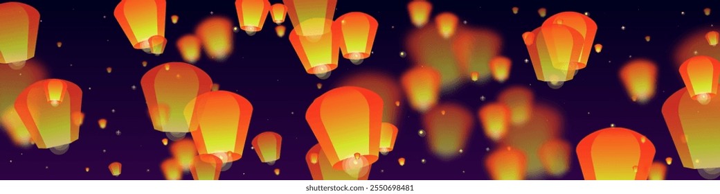 Yi peng festival card. Thailand holiday with paper lantern lights flying in the night sky. Traditional Yi Peng celebration. Vector illustration on purple gradient background.