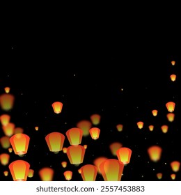 Yi peng festival card. Thailand holiday with paper lantern lights flying in the night sky. Traditional Yi Peng celebration. Vector illustration on black background.