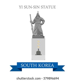 Yi Sun-Sin Statue in South Korea. Flat cartoon style historic sight showplace attraction web site vector illustration. World countries cities vacation travel sightseeing Asia collection.