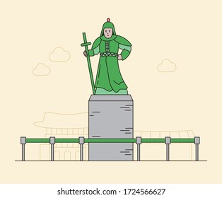 Yi Sun-sin's statue in Seoul, Korea illustration set. tourist, soldier, landmark, structure Vector drawing. Hand drawn style.