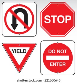 A yield, do not enter, no u-turn, and stop sign in vector format.