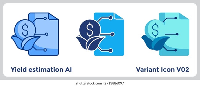 Yield Estimation AI predicts crop output based on real-time data, improving planning and profitability. Blue, Flat Blue, Dualtone style.